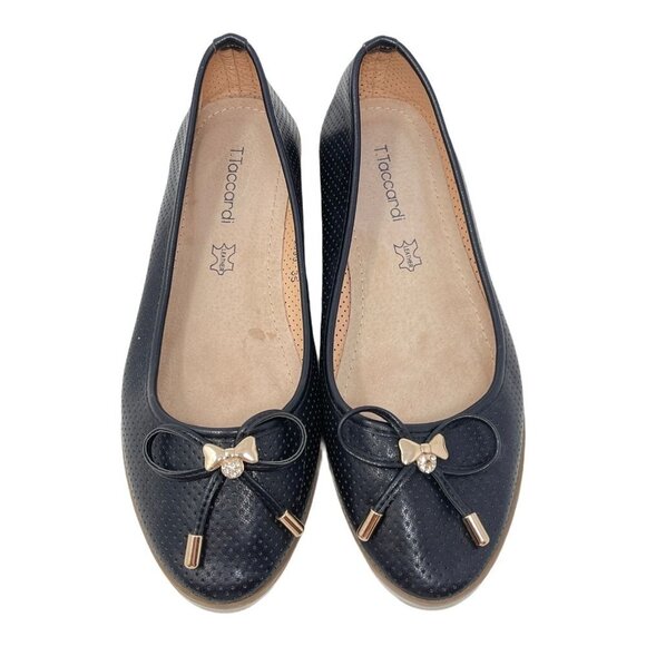 T.TACCARDI Size 35 Black Perforated Ballet Flats Shoes Bow Comfort - Picture 2 of 7